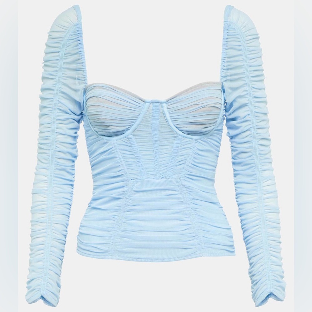 Self-portrait blue powder mesh ruched long sleeve bustier top, size 2, euc